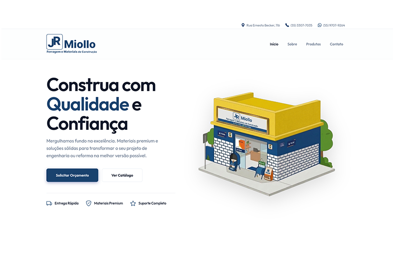 Screenshot do site JRMiollo Ferragem — projeto de site institucional
